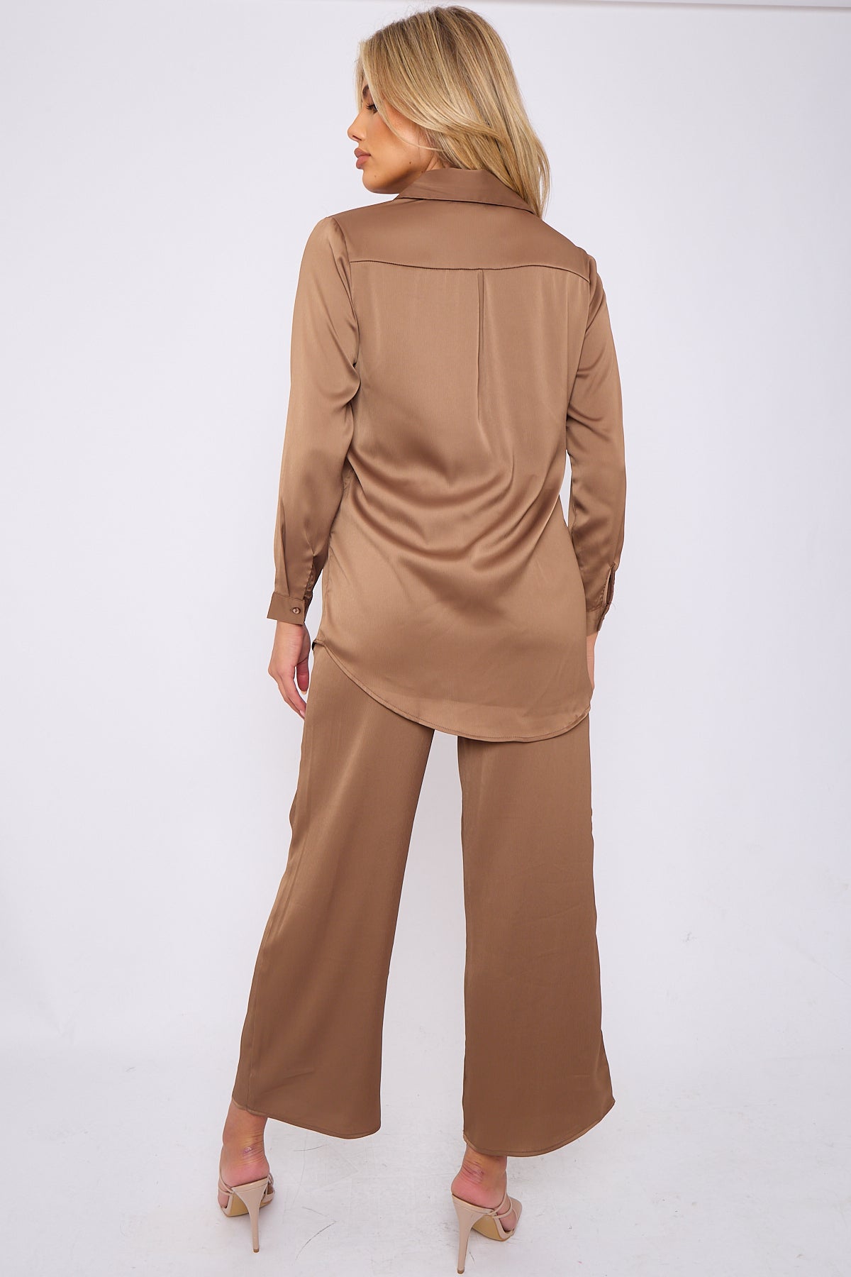 6Pcs Caramel Brown Satin Co-ord Shirt and Trousers Set