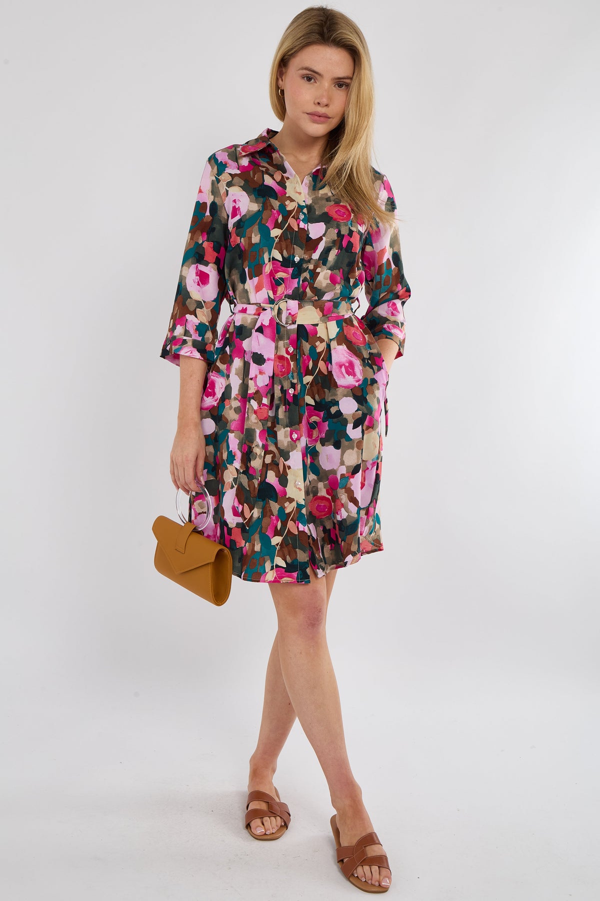 8Pcs Emerald Rose Print Half Sleeve Mini Shirt Dress