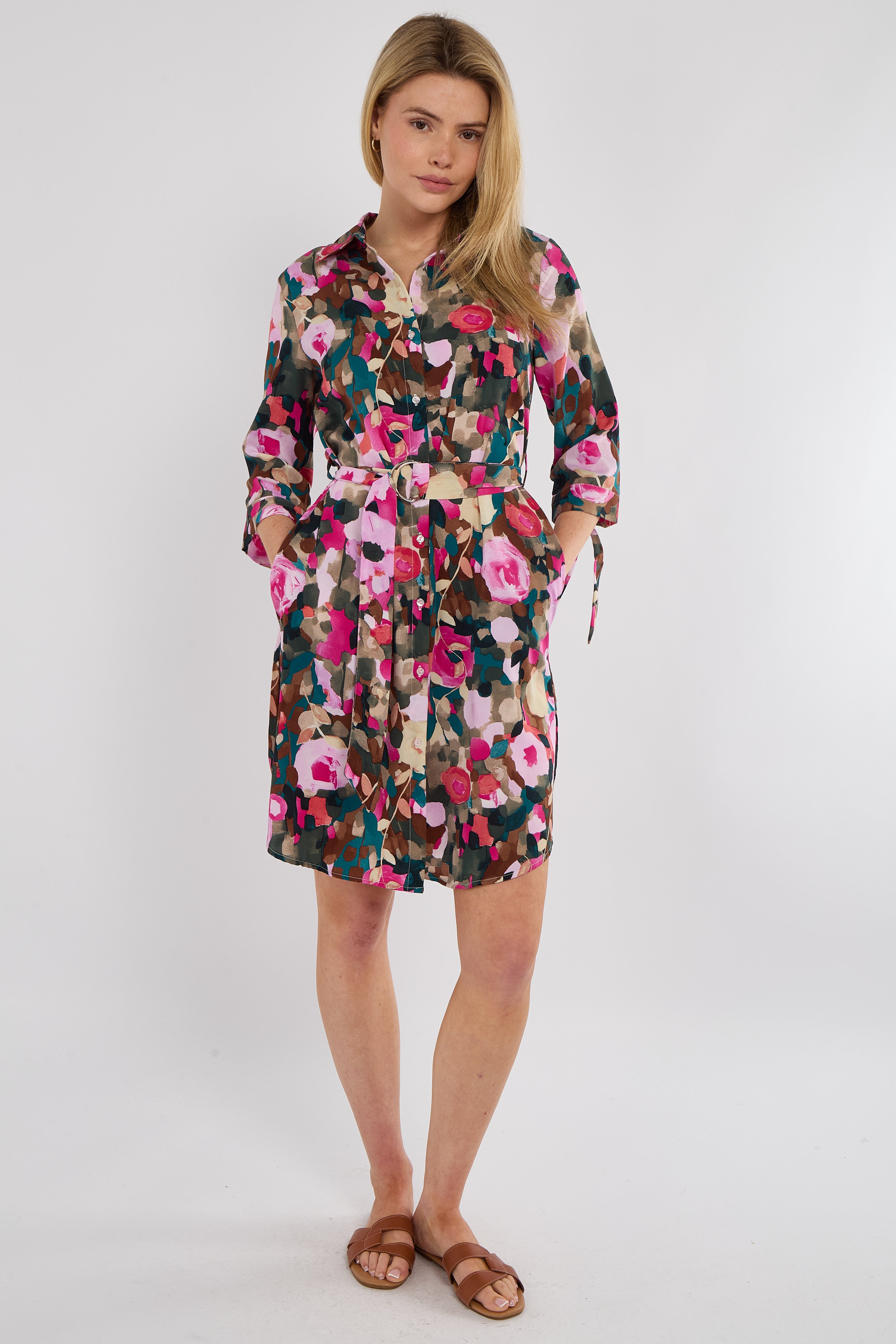 8Pcs Emerald Rose Print Half Sleeve Mini Shirt Dress