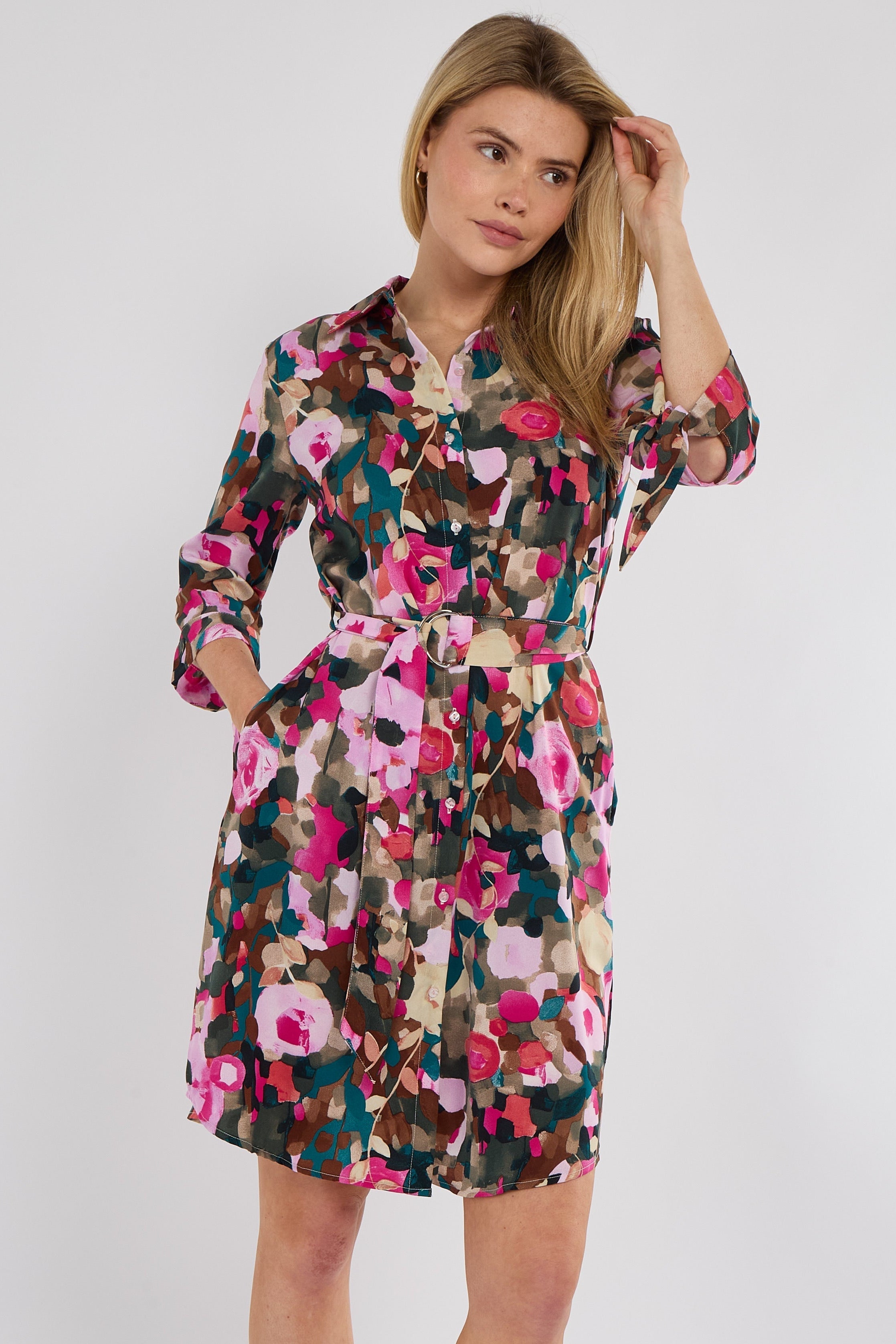 8Pcs Emerald Rose Print Half Sleeve Mini Shirt Dress