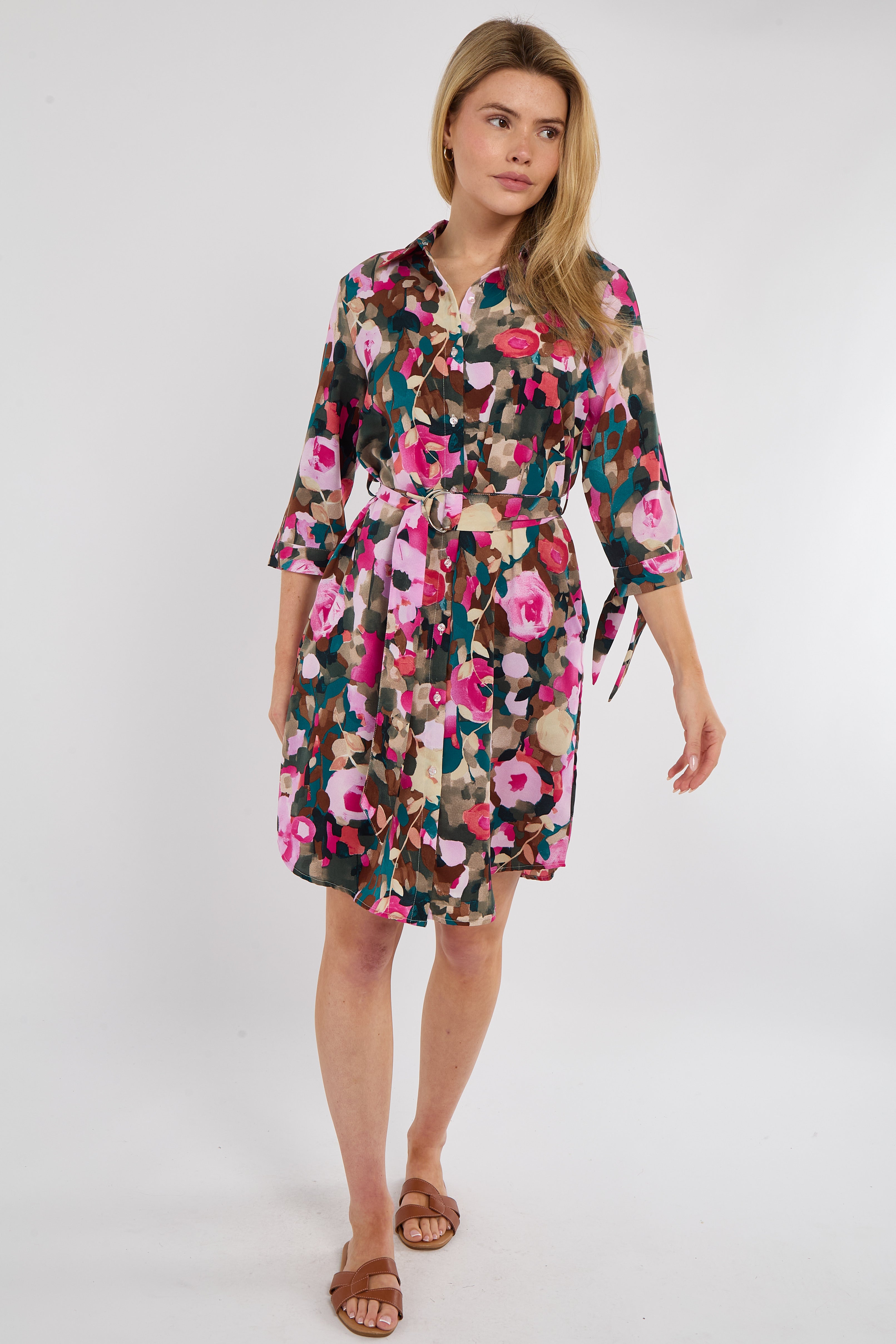 8Pcs Emerald Rose Print Half Sleeve Mini Shirt Dress