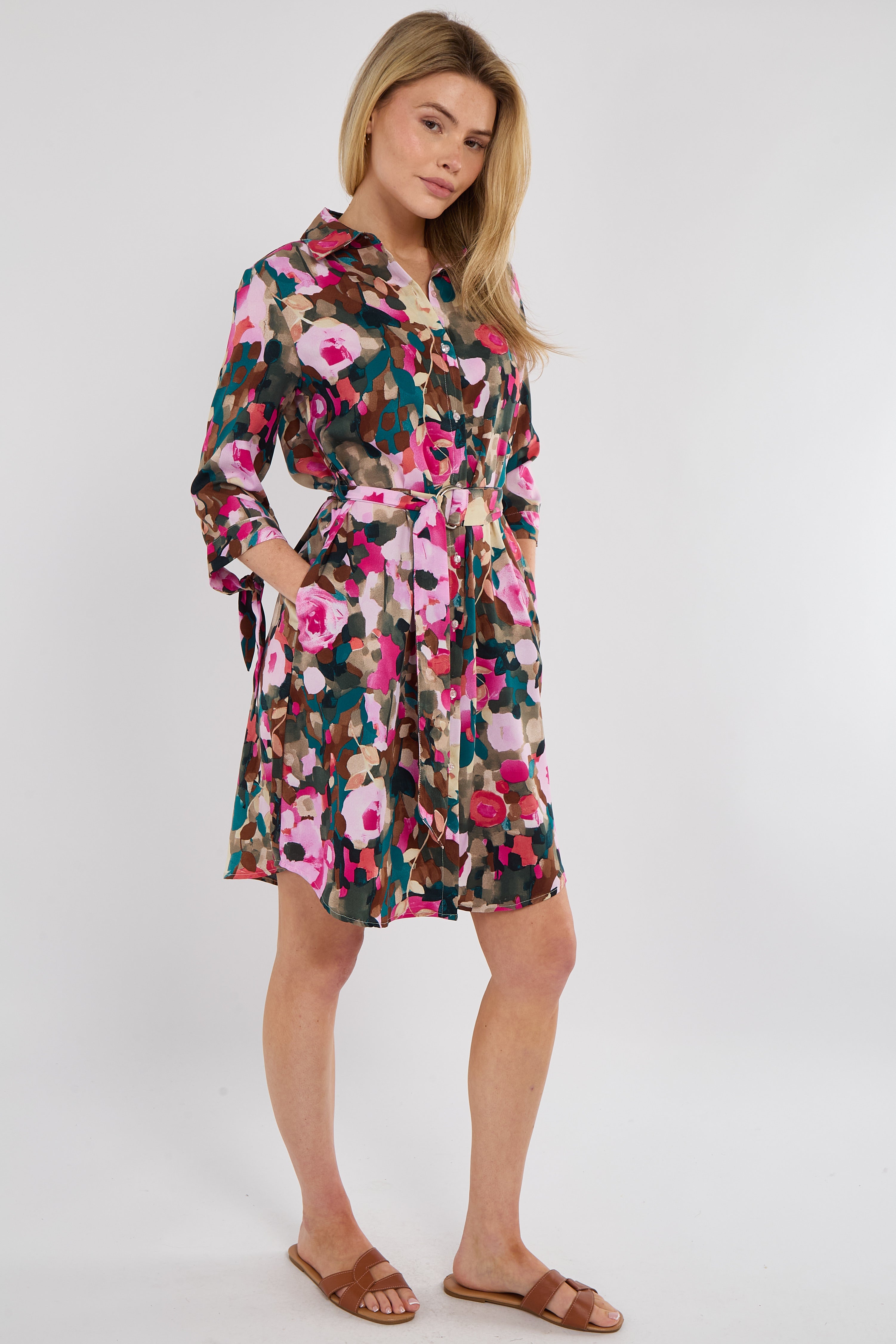 8Pcs Emerald Rose Print Half Sleeve Mini Shirt Dress