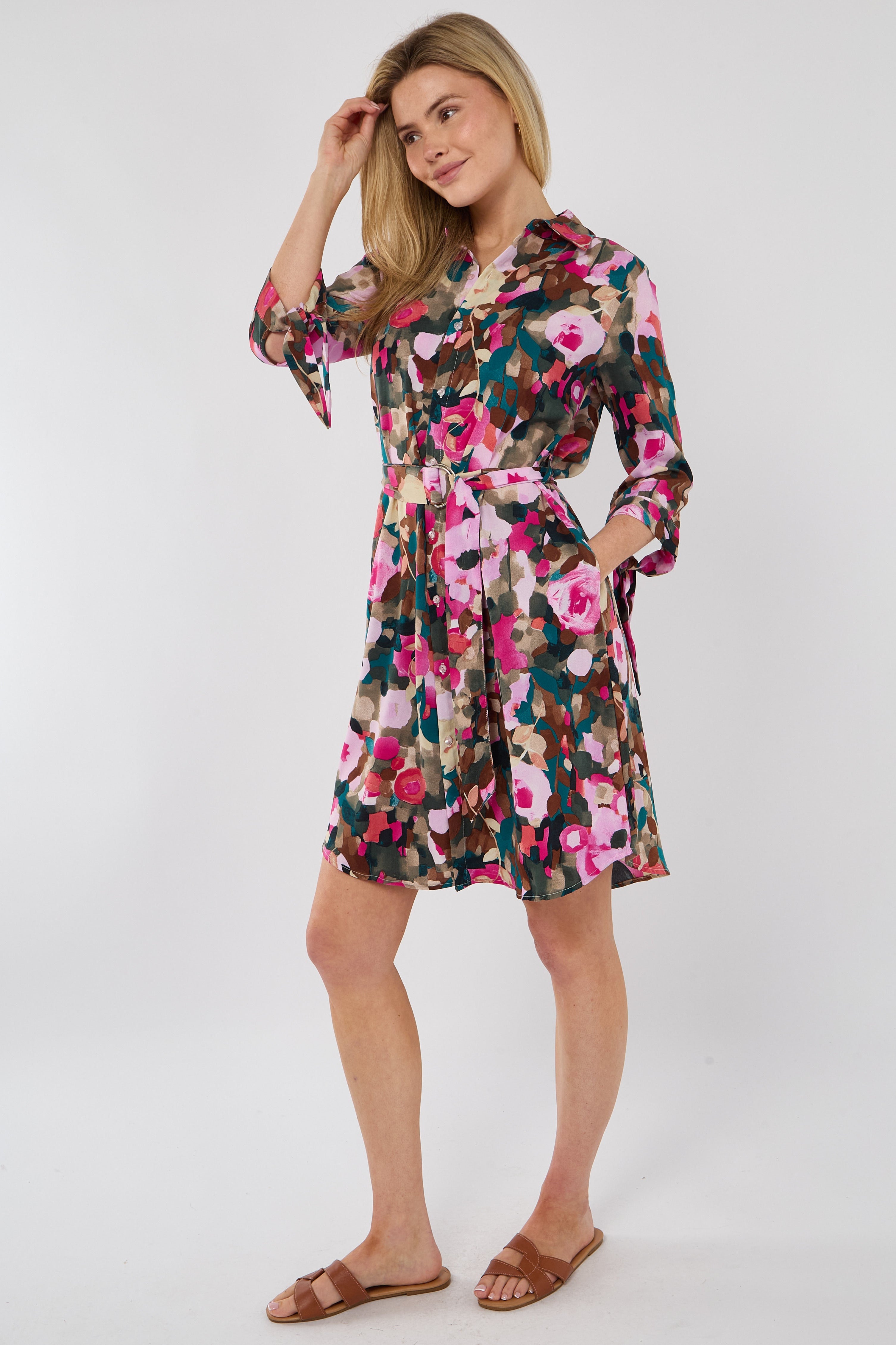 8Pcs Emerald Rose Print Half Sleeve Mini Shirt Dress
