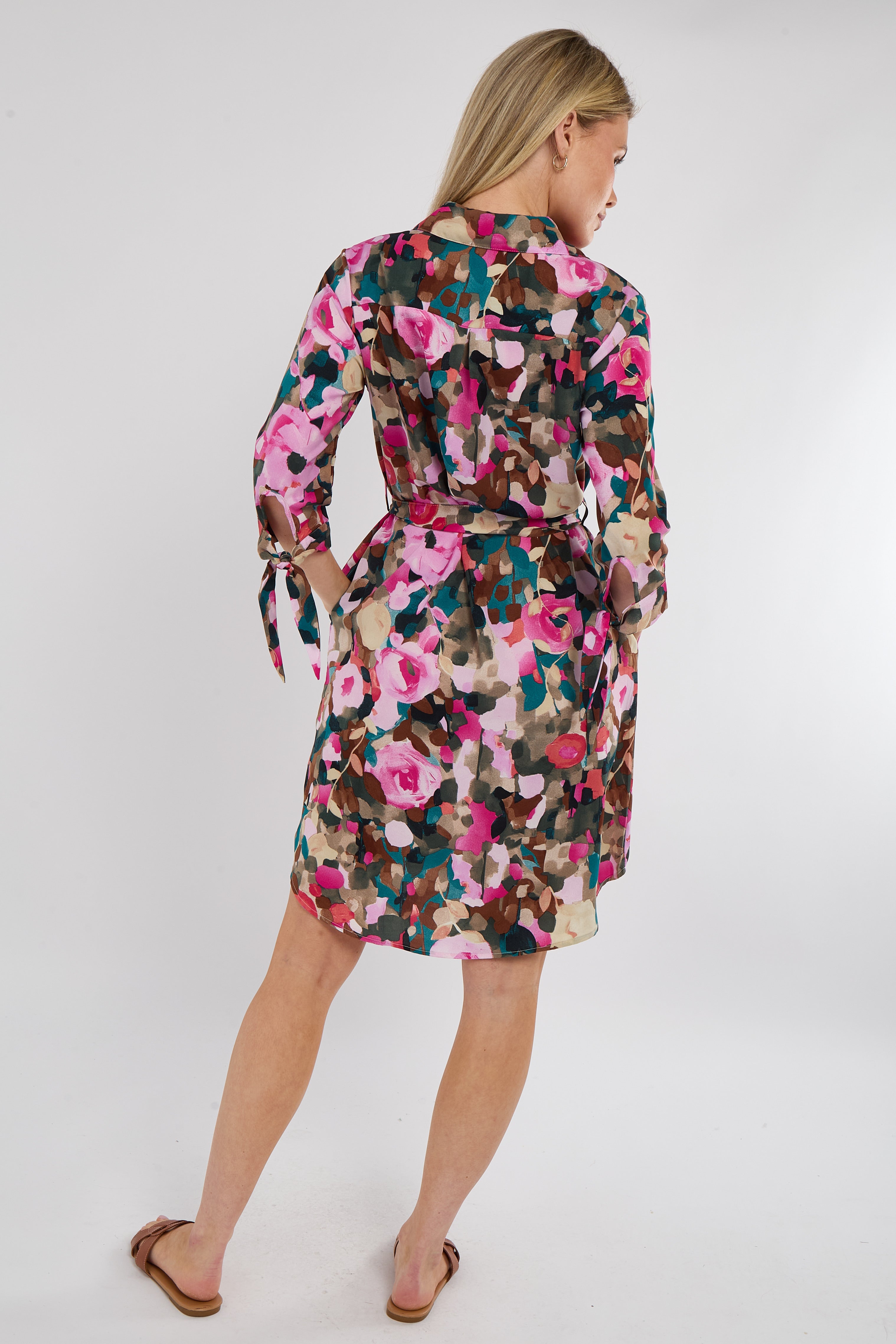 8Pcs Emerald Rose Print Half Sleeve Mini Shirt Dress