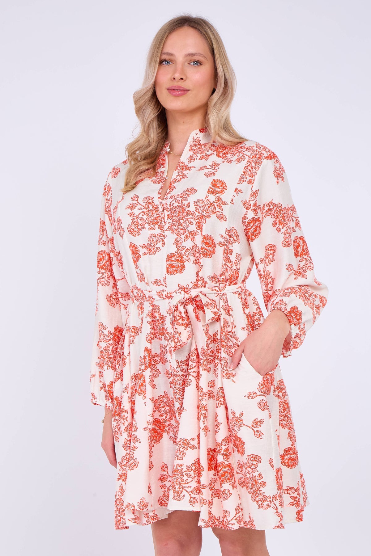 8Pcs Red Floral Print Flared Hem Mini Dress
