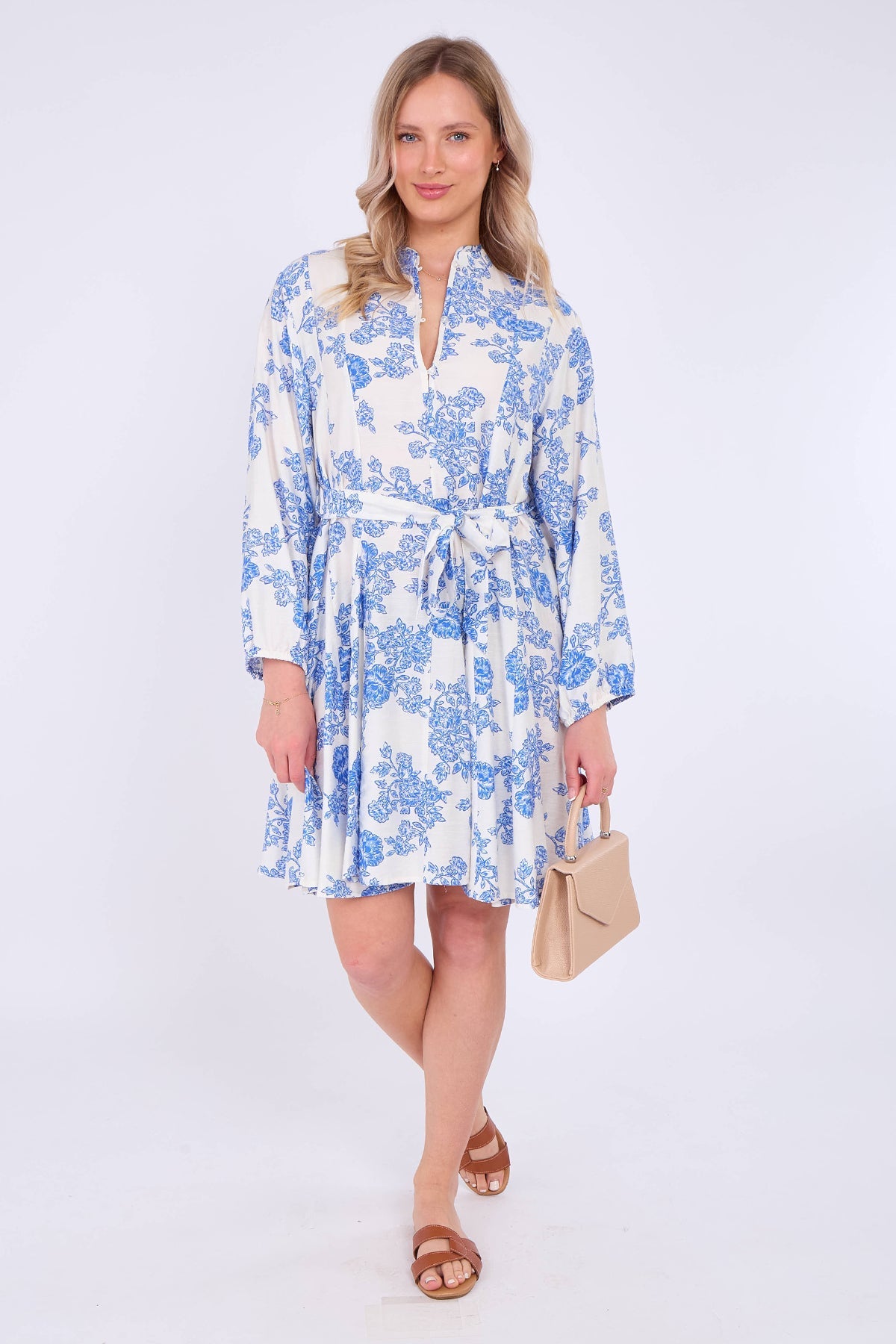 8Pcs Blue Floral Print Flared Hem Mini Dress