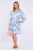 8Pcs Blue Floral Print Flared Hem Mini Dress