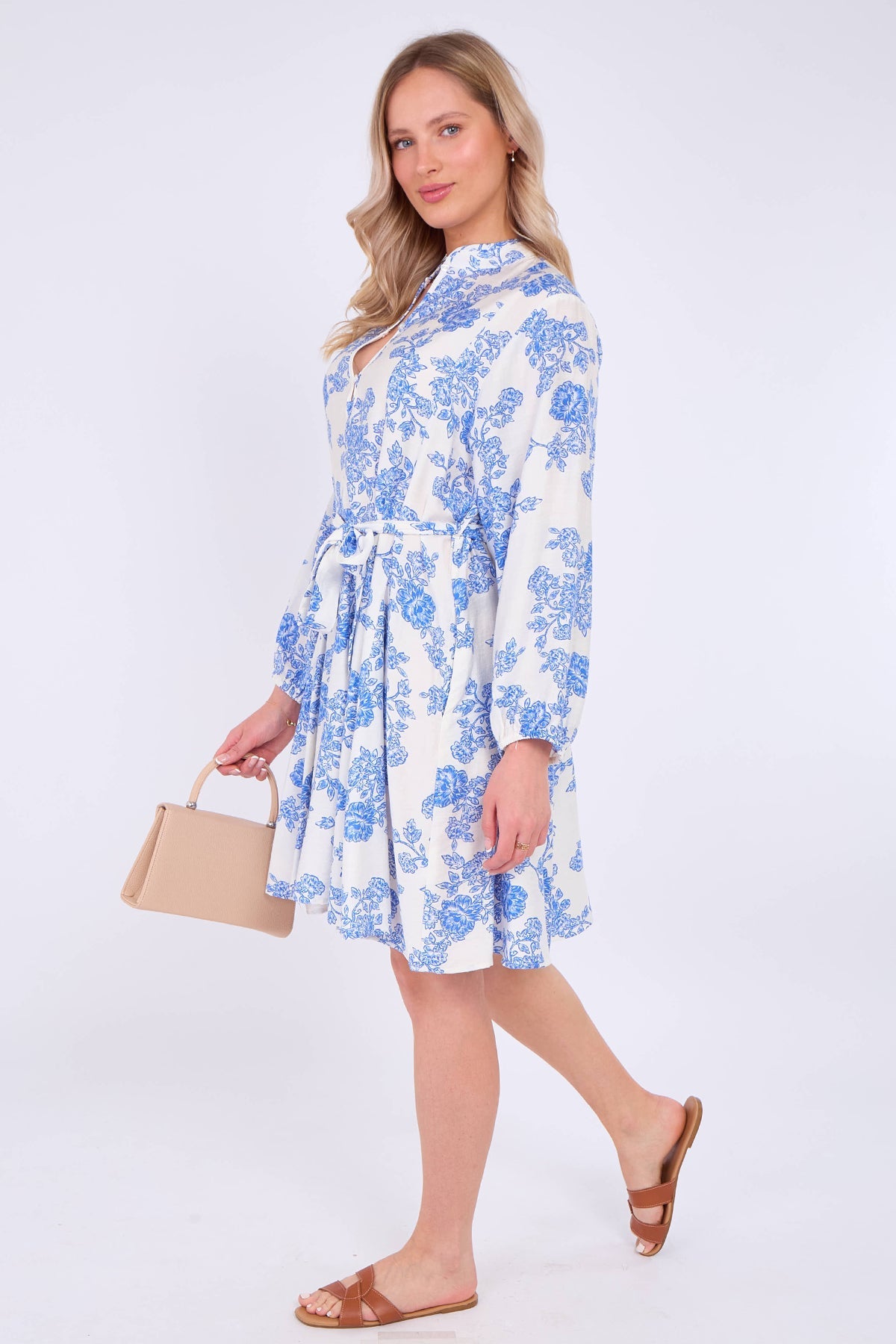 8Pcs Blue Floral Print Flared Hem Mini Dress