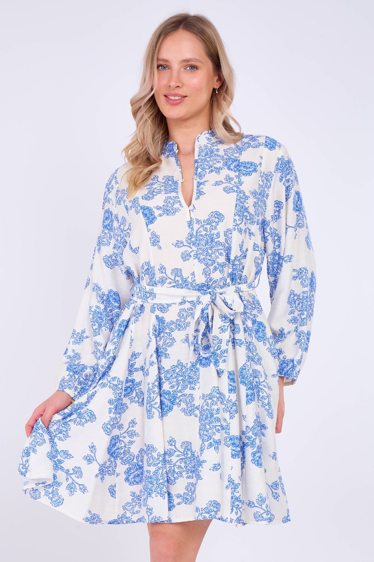 8Pcs Blue Floral Print Flared Hem Mini Dress