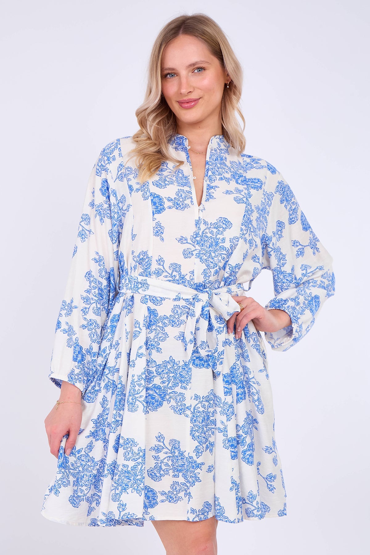 8Pcs Blue Floral Print Flared Hem Mini Dress