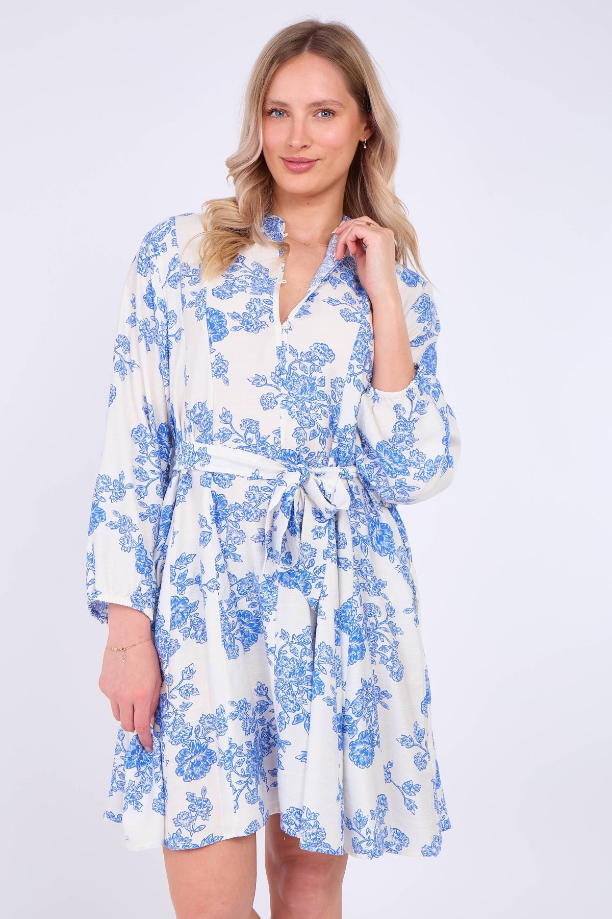8Pcs Blue Floral Print Flared Hem Mini Dress