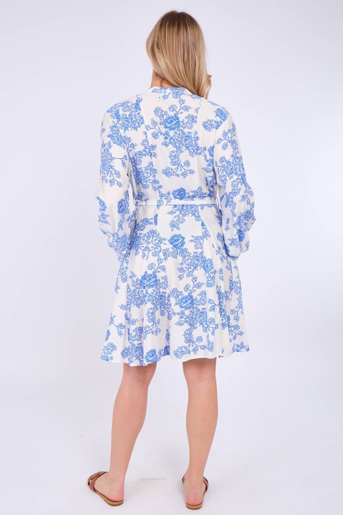 8Pcs Blue Floral Print Flared Hem Mini Dress