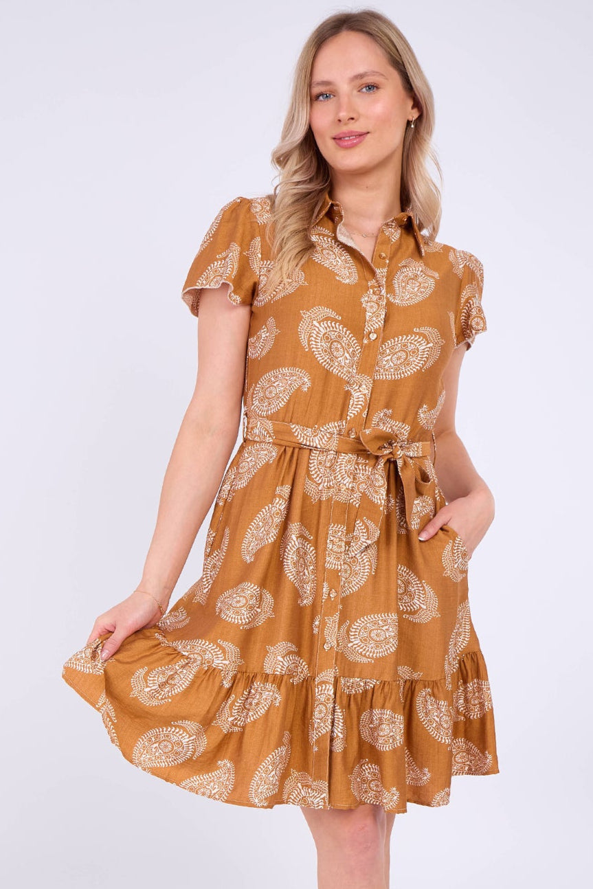 8Pcs Caramel Paisley Print Short Sleeve Mini Dress