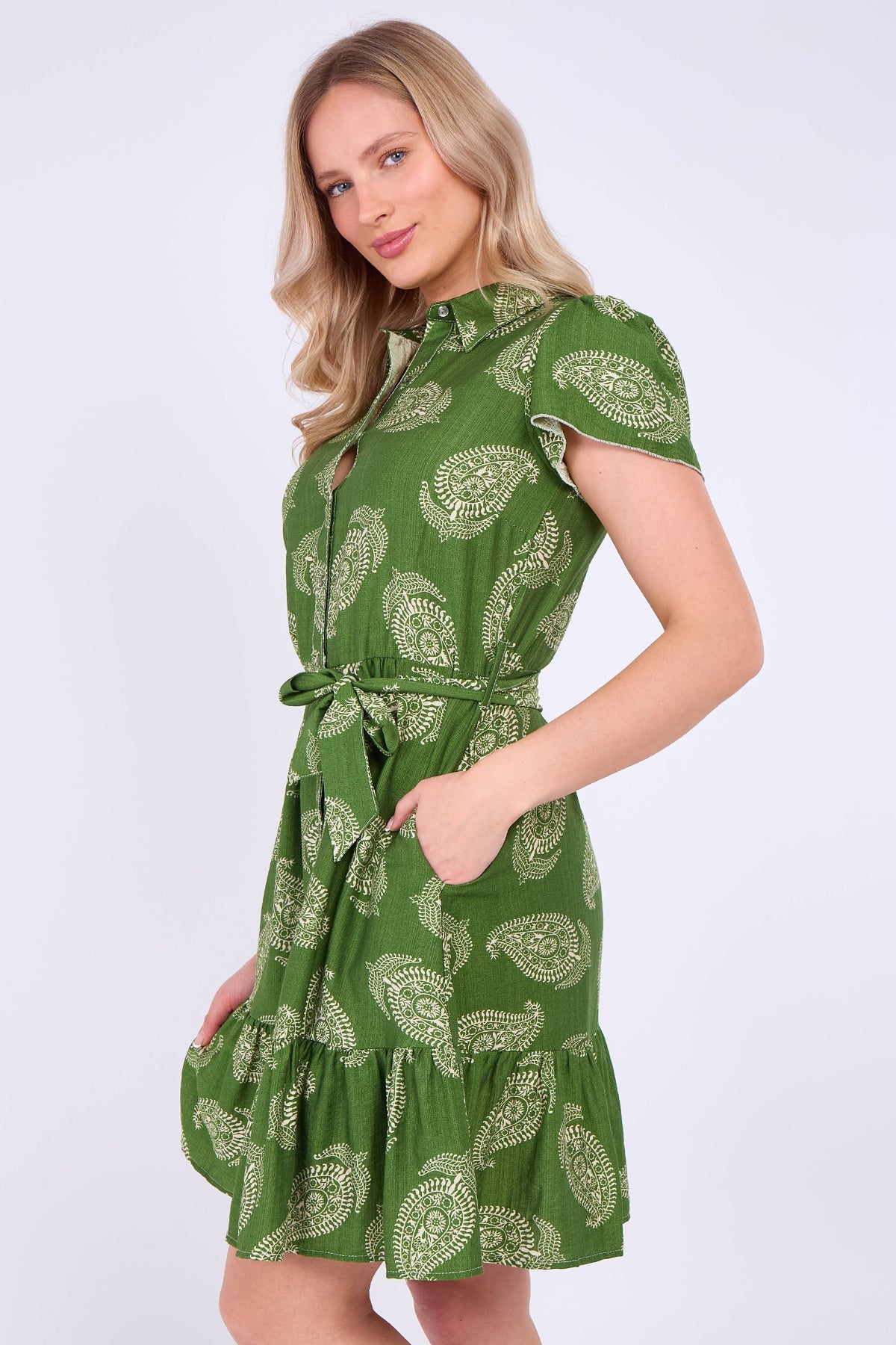 8Pcs Green Paisley Print Short Sleeve Mini Dress