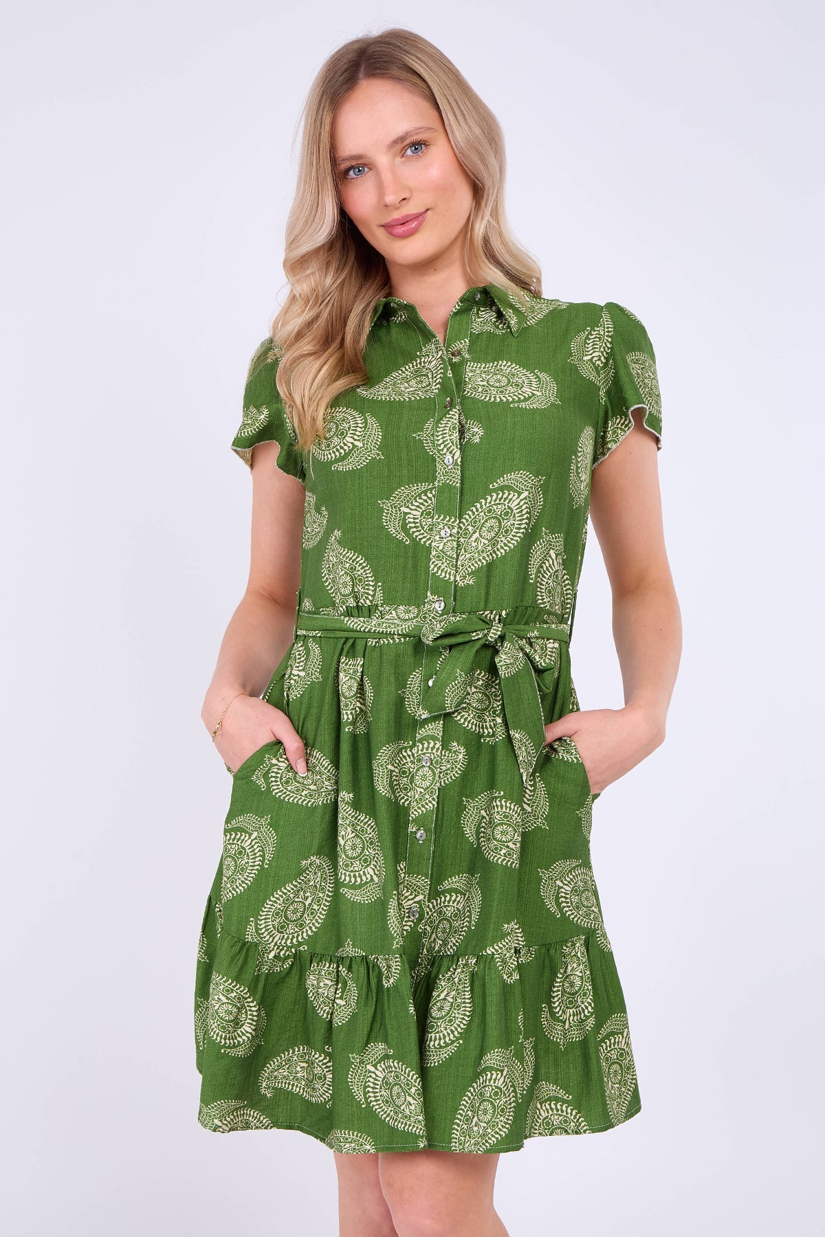8Pcs Green Paisley Print Short Sleeve Mini Dress