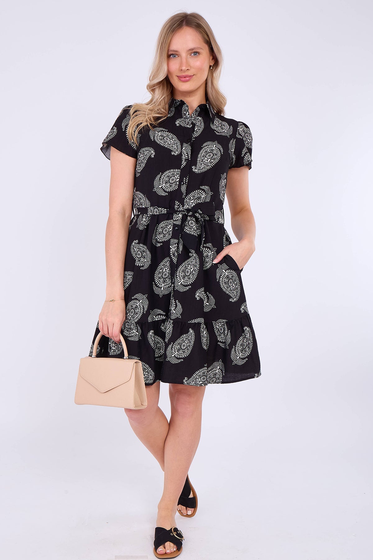 8Pcs Black Paisley Print Short Sleeve Mini Dress