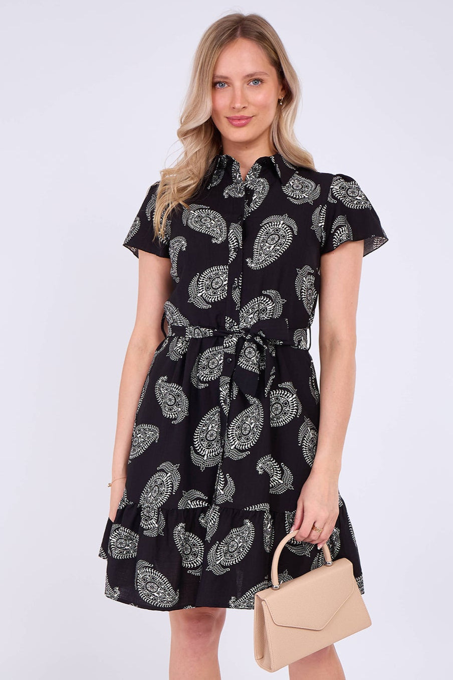 8Pcs Black Paisley Print Short Sleeve Mini Dress