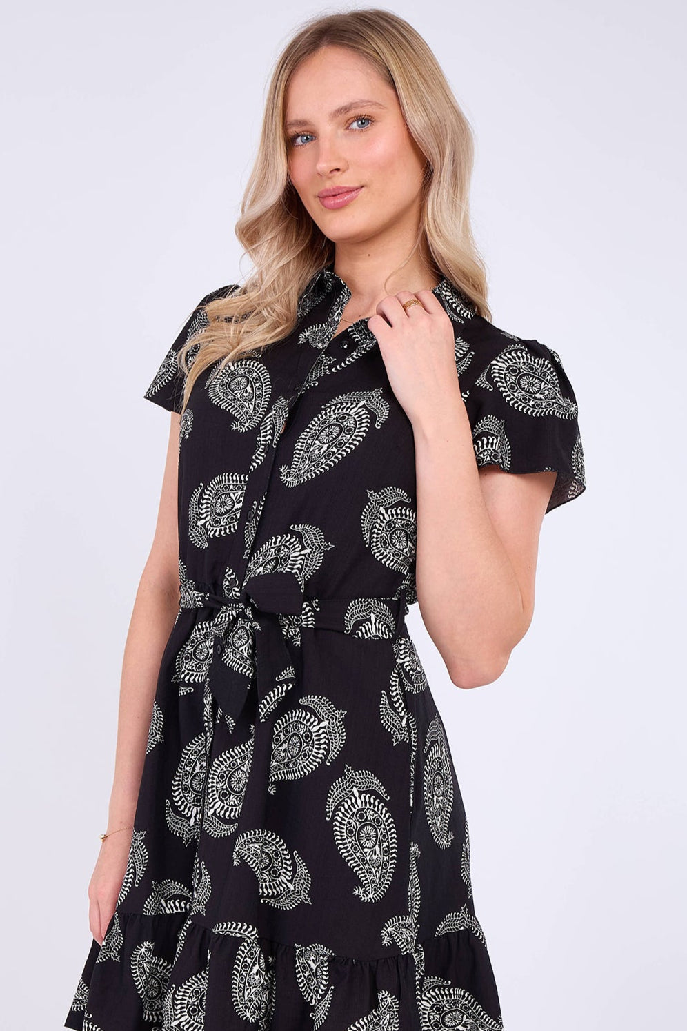 8Pcs Black Paisley Print Short Sleeve Mini Dress