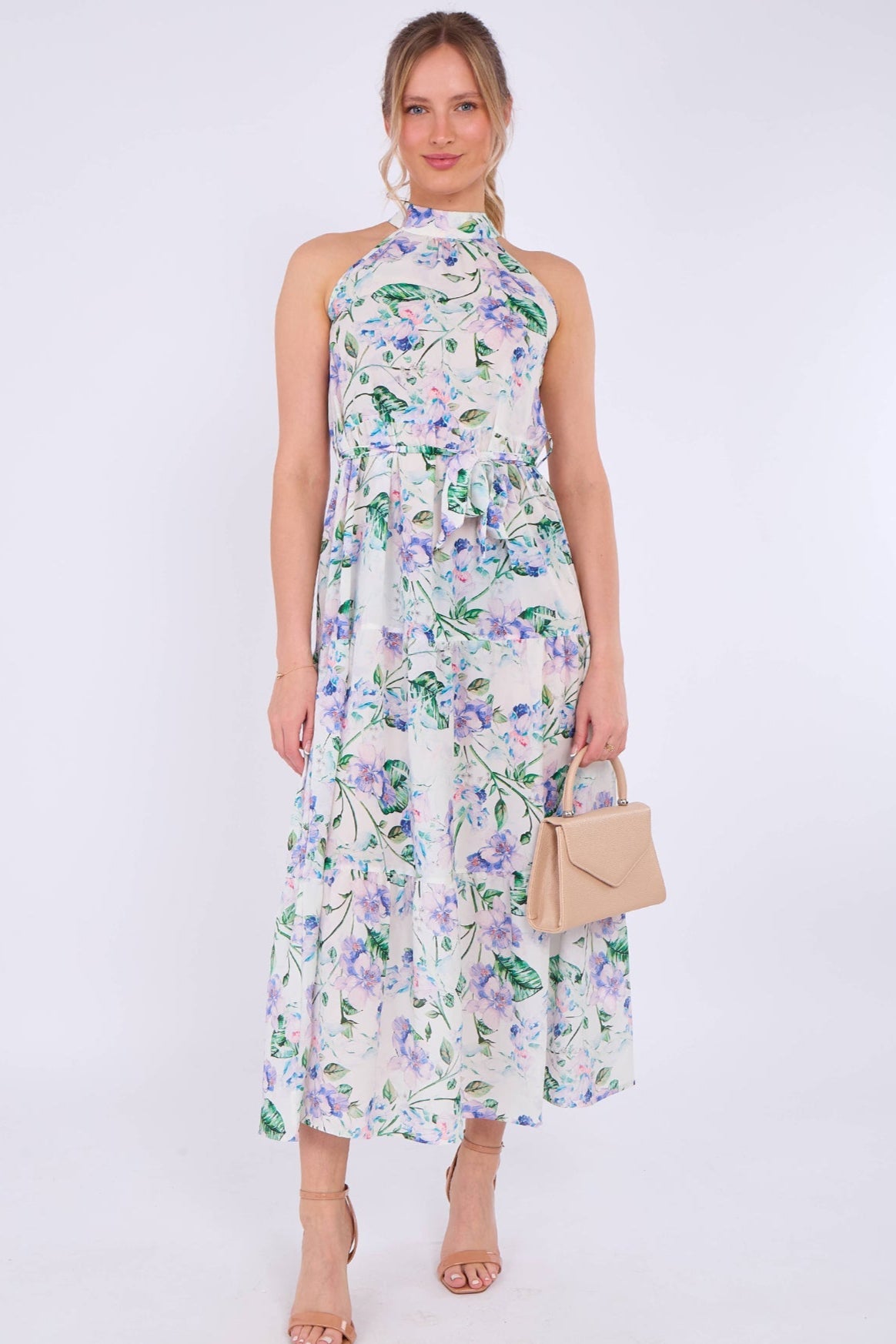 8Pcs White Floral Print Halter Neck Maxi Dress