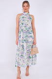 8Pcs White Floral Print Halter Neck Maxi Dress