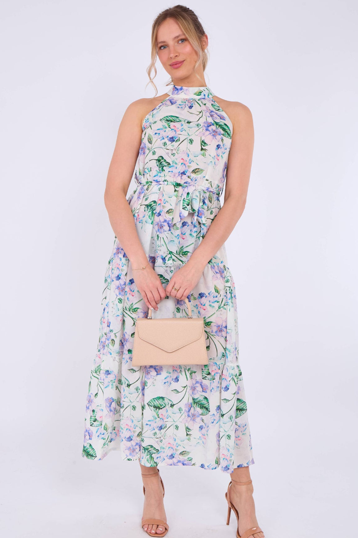 8Pcs White Floral Print Halter Neck Maxi Dress