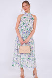8Pcs White Floral Print Halter Neck Maxi Dress