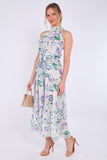 8Pcs White Floral Print Halter Neck Maxi Dress