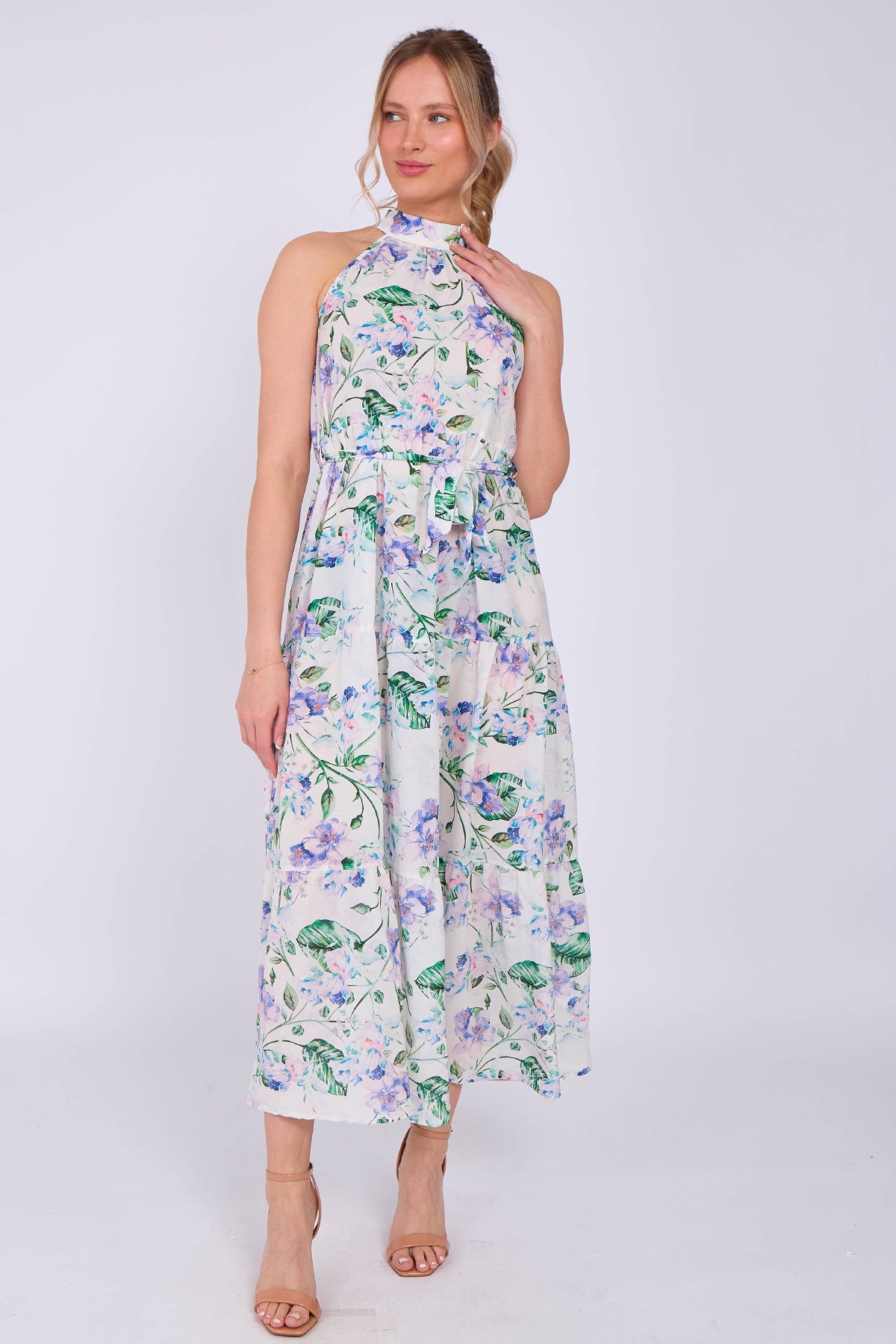 8Pcs White Floral Print Halter Neck Maxi Dress