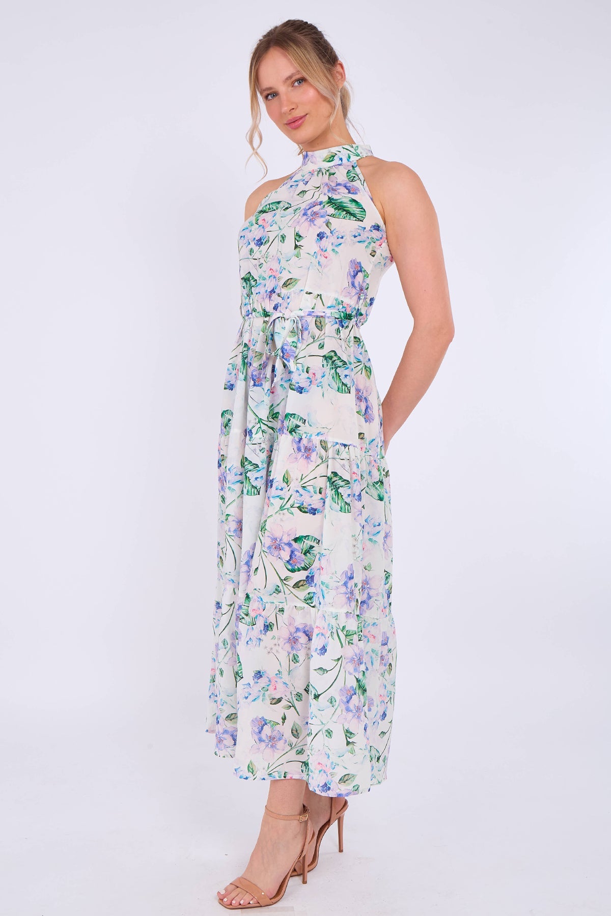8Pcs White Floral Print Halter Neck Maxi Dress