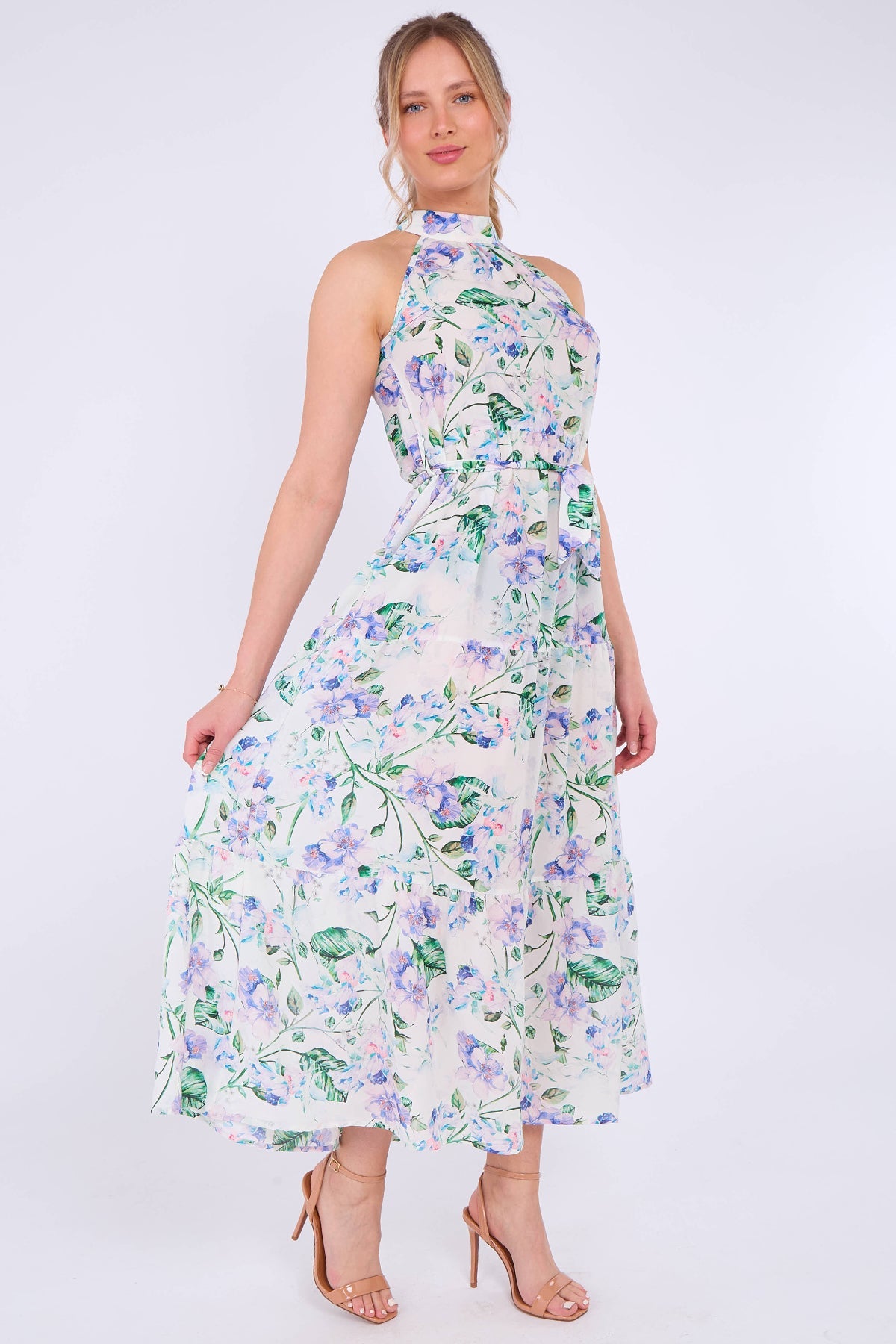 8Pcs White Floral Print Halter Neck Maxi Dress