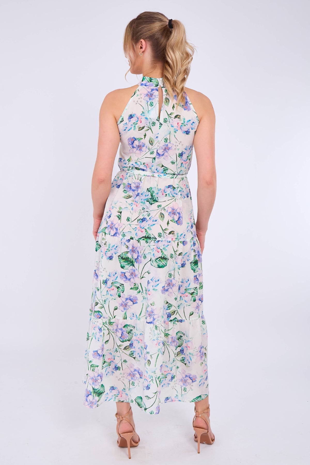 8Pcs White Floral Print Halter Neck Maxi Dress