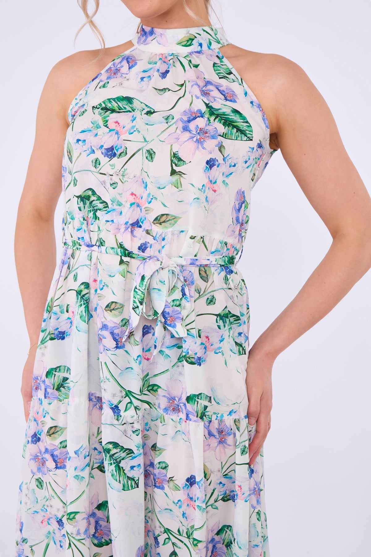 8Pcs White Floral Print Halter Neck Maxi Dress