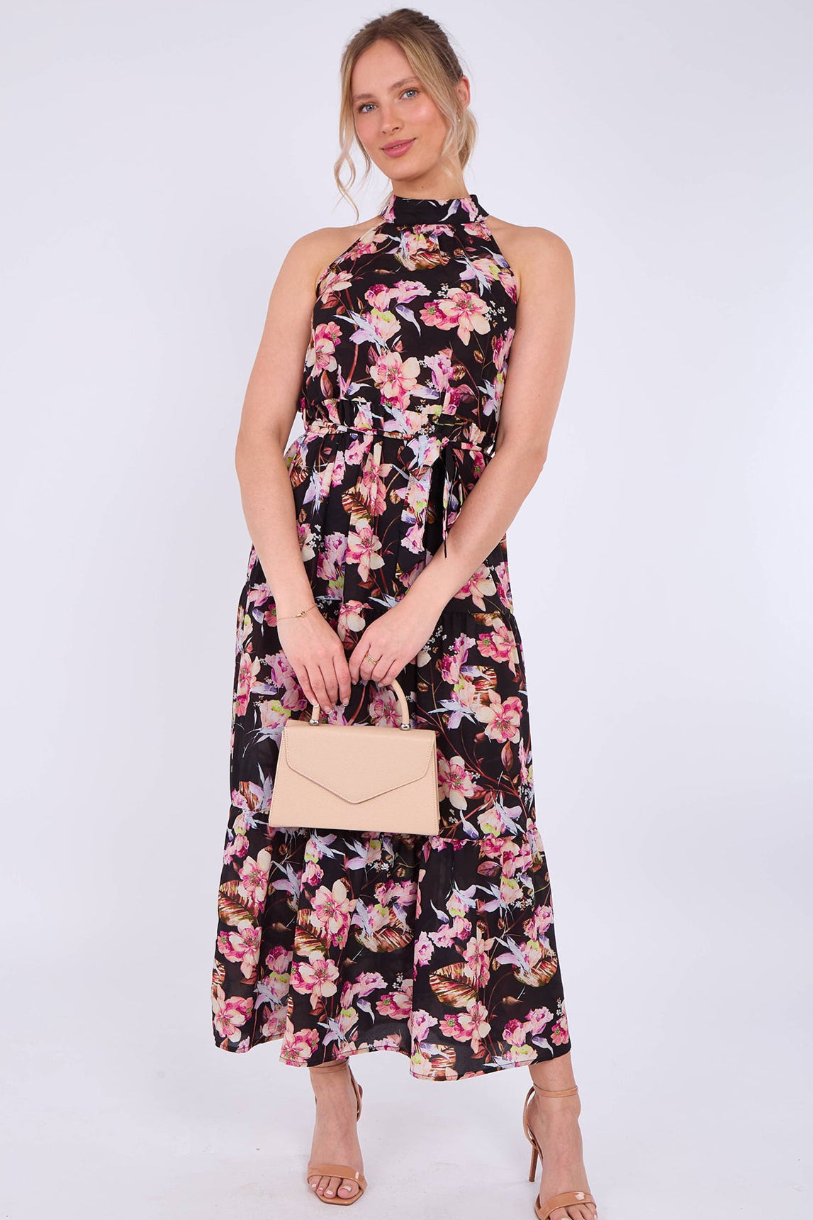8Pcs Black Floral Print Halter Neck Maxi Dress