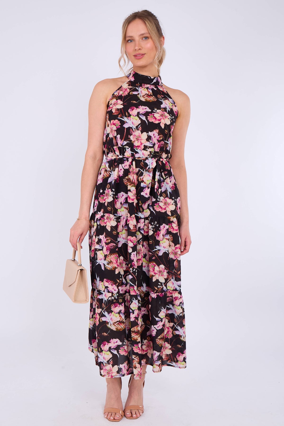 8Pcs Black Floral Print Halter Neck Maxi Dress