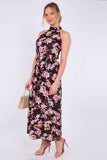 8Pcs Black Floral Print Halter Neck Maxi Dress