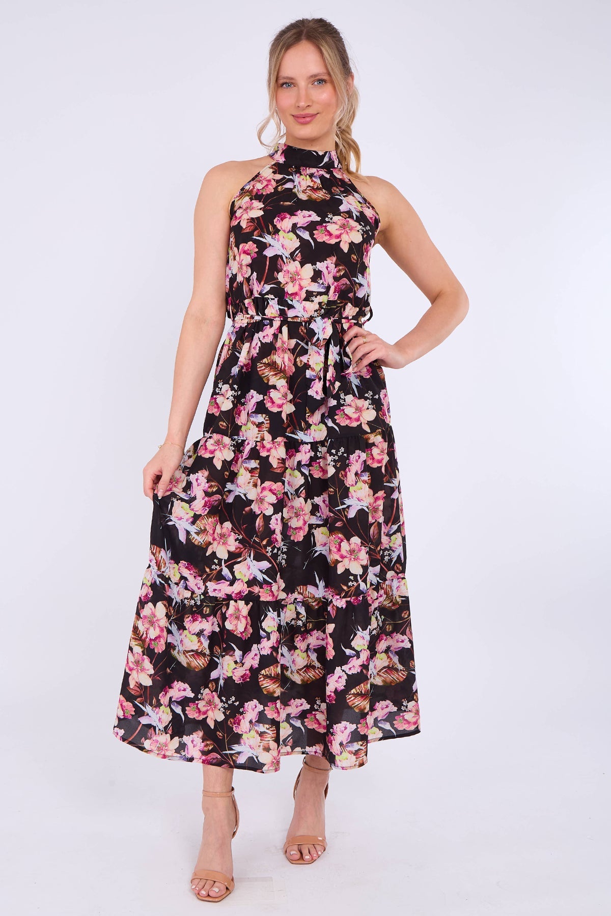 8Pcs Black Floral Print Halter Neck Maxi Dress