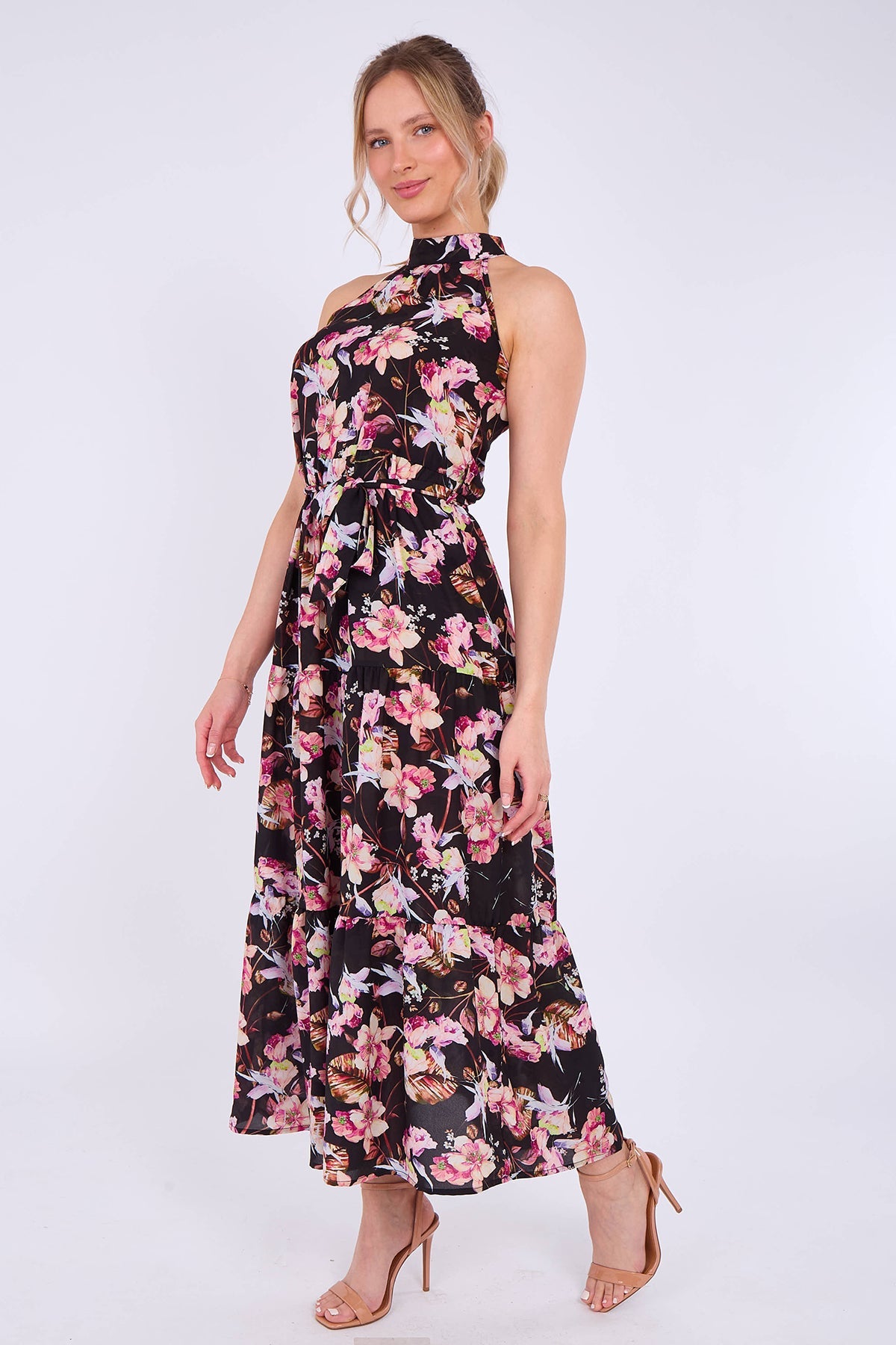 8Pcs Black Floral Print Halter Neck Maxi Dress