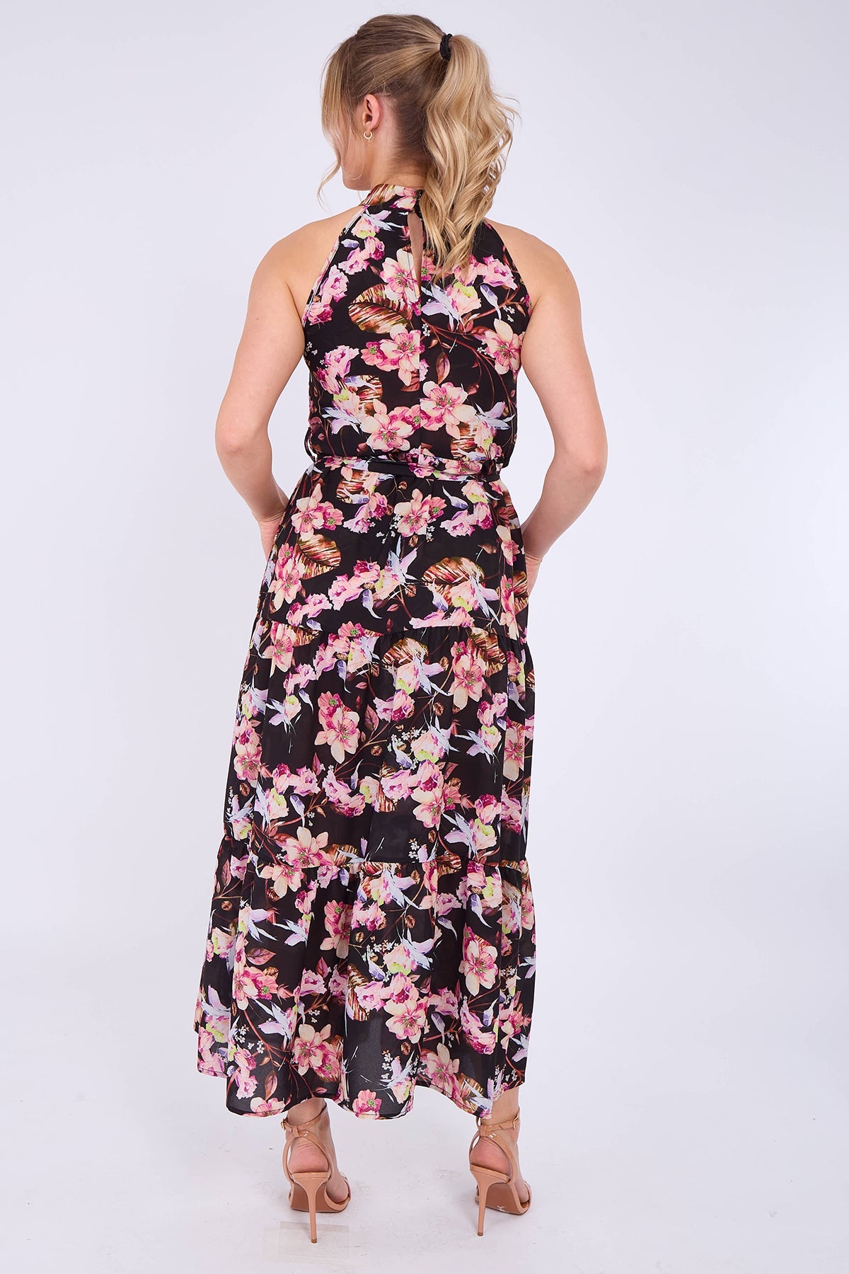 8Pcs Black Floral Print Halter Neck Maxi Dress