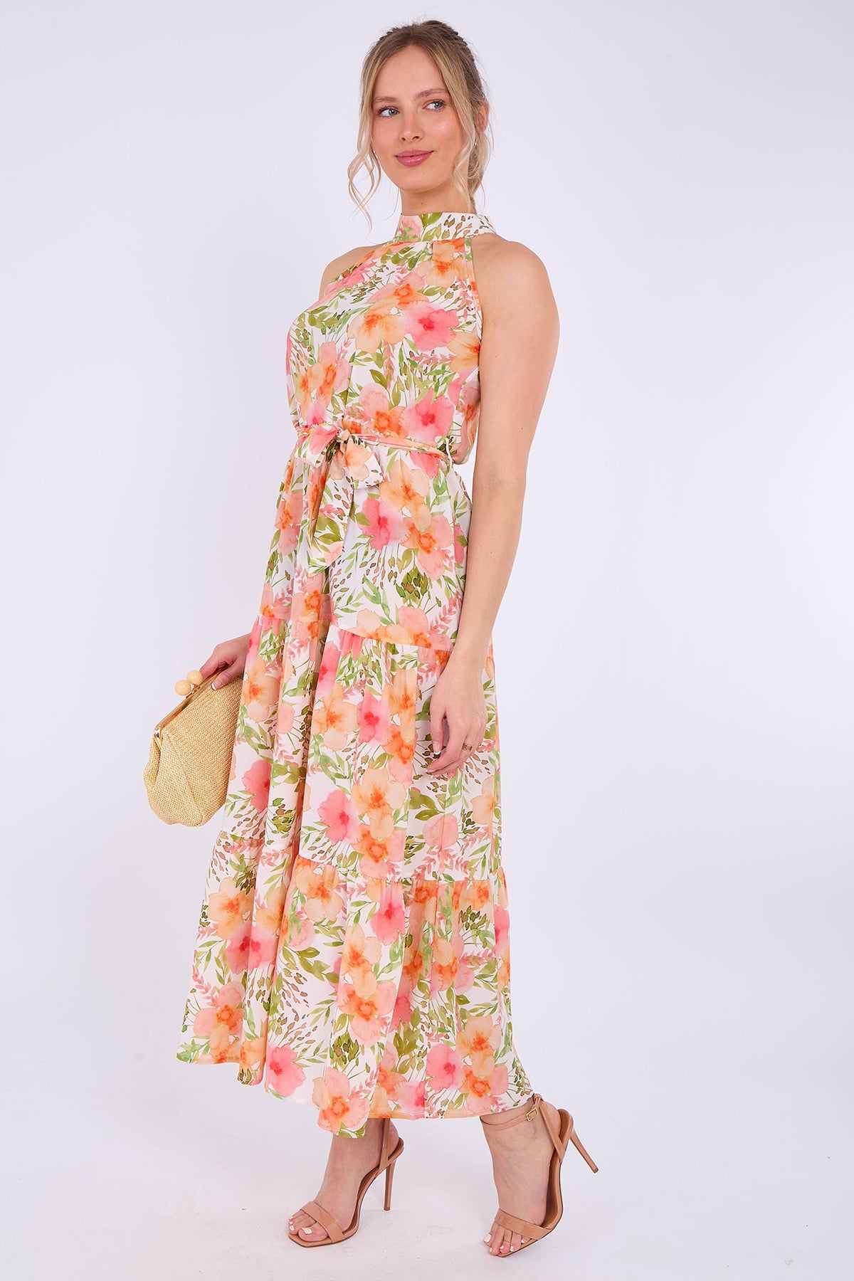 8Pcs Orange Floral Print Halter Neck Maxi Dress