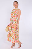 8Pcs Orange Floral Print Halter Neck Maxi Dress