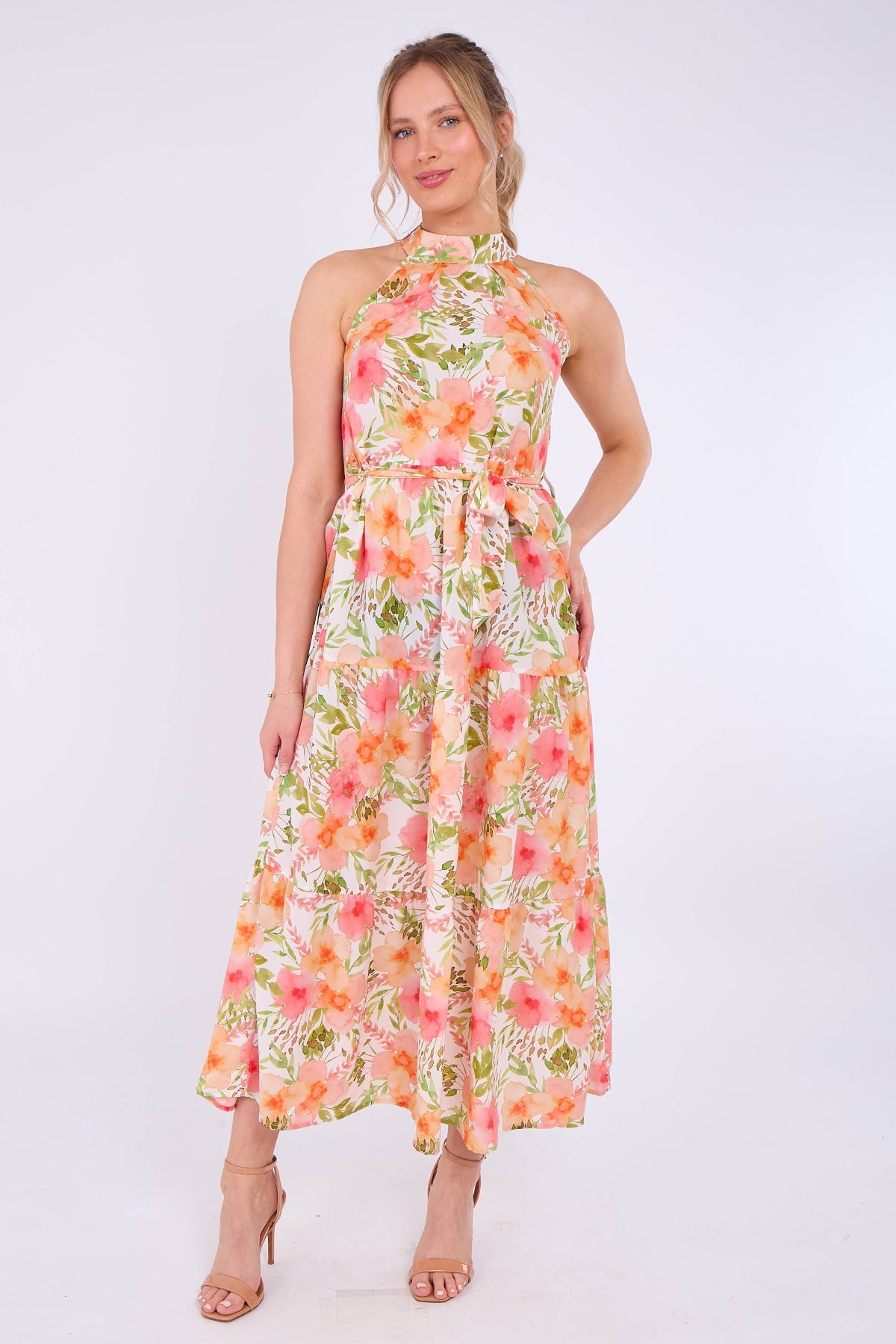8Pcs Orange Floral Print Halter Neck Maxi Dress