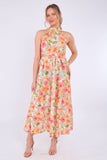8Pcs Orange Floral Print Halter Neck Maxi Dress