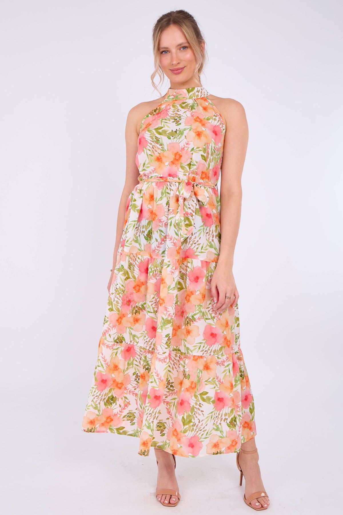 8Pcs Orange Floral Print Halter Neck Maxi Dress