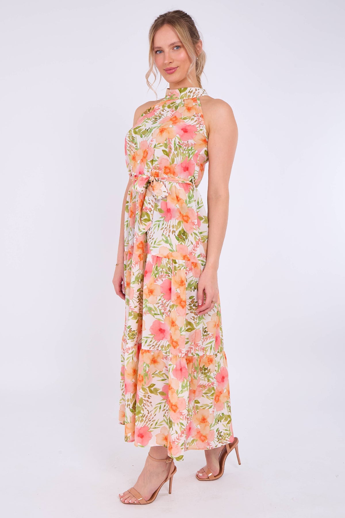 8Pcs Orange Floral Print Halter Neck Maxi Dress
