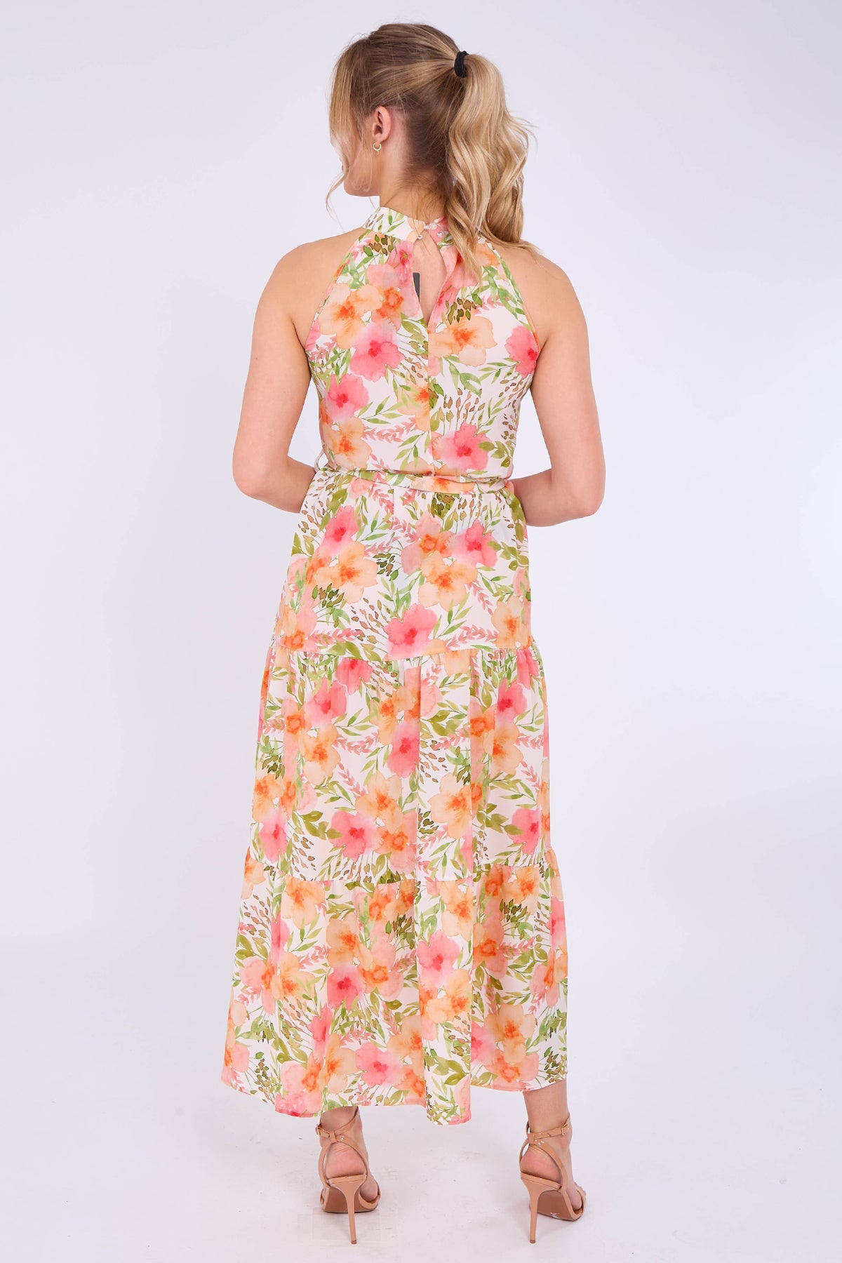 8Pcs Orange Floral Print Halter Neck Maxi Dress
