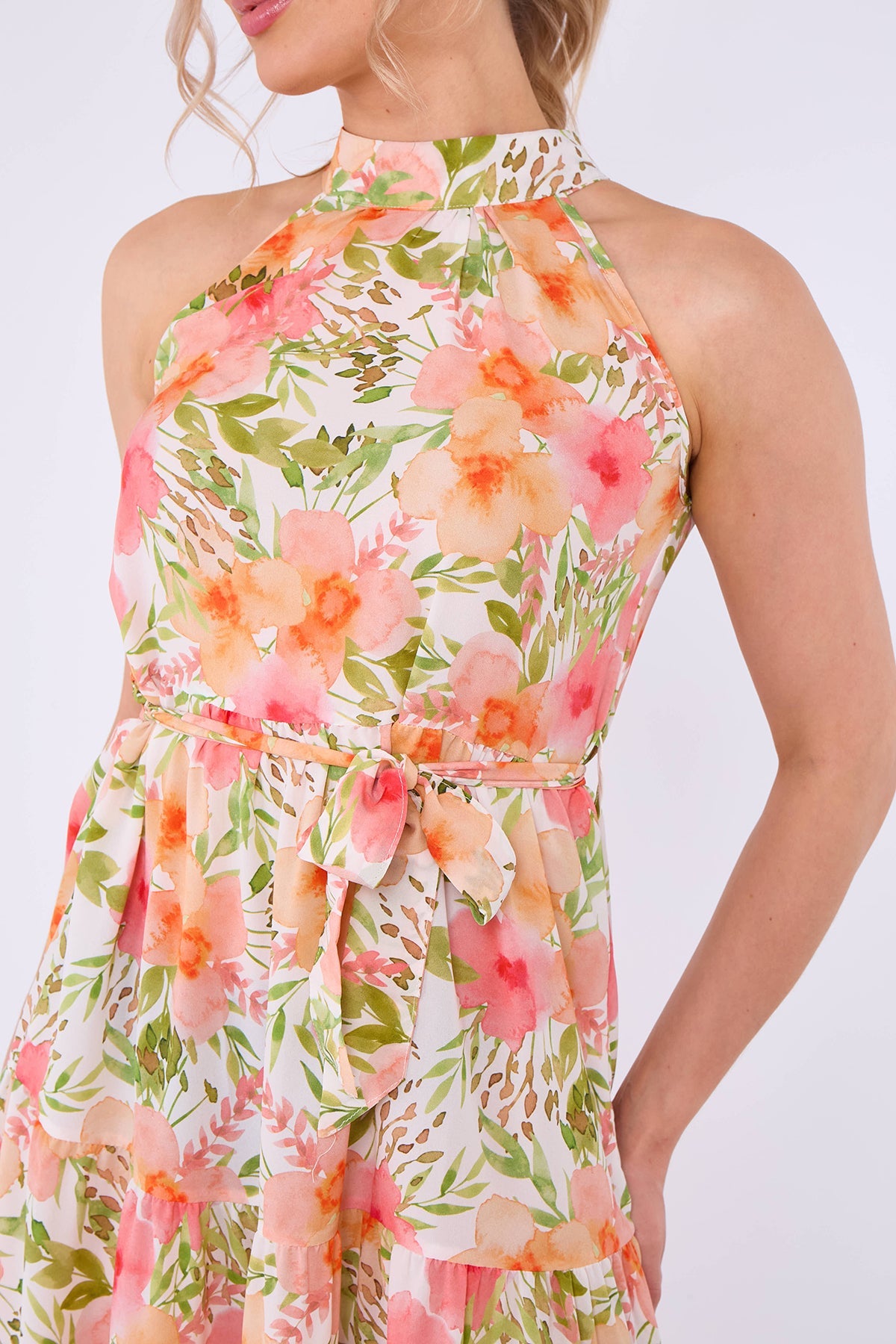 8Pcs Orange Floral Print Halter Neck Maxi Dress