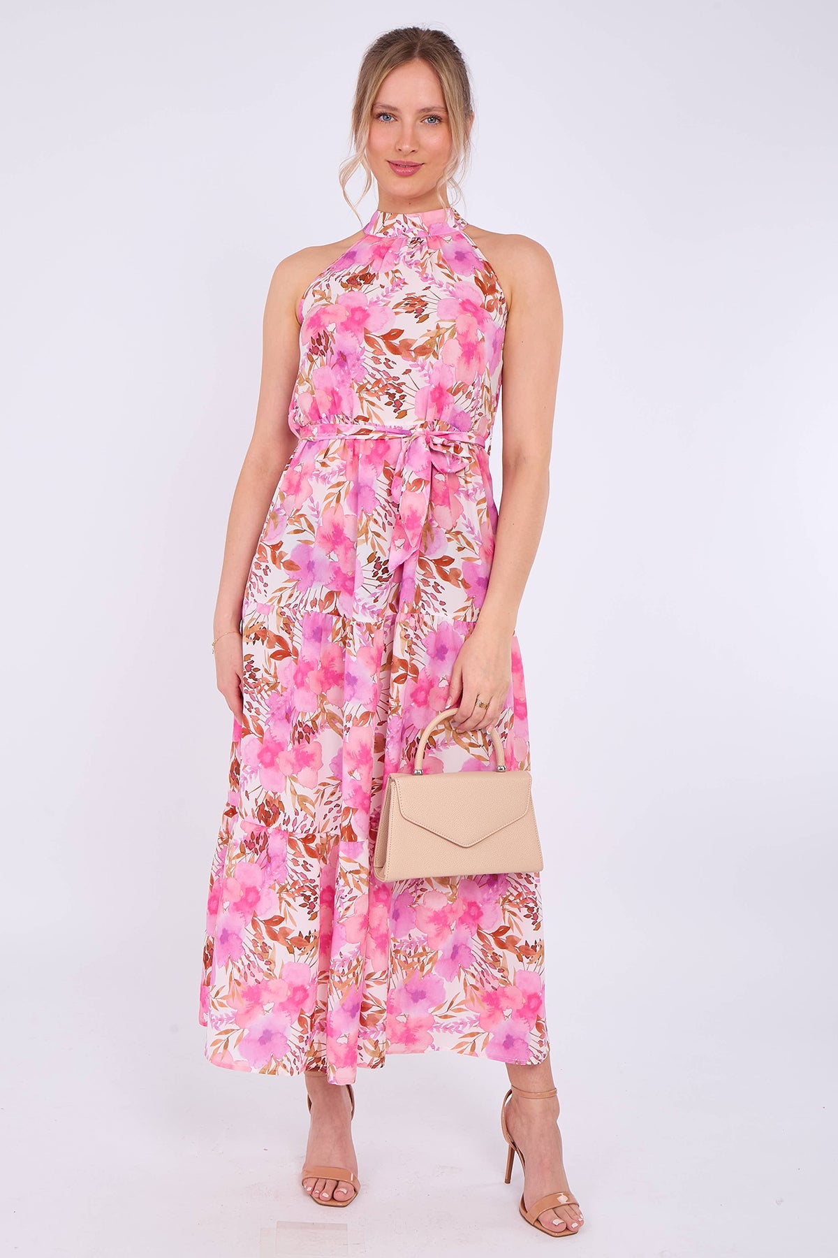 8Pcs Pink Floral Print Halter Neck Maxi Dress