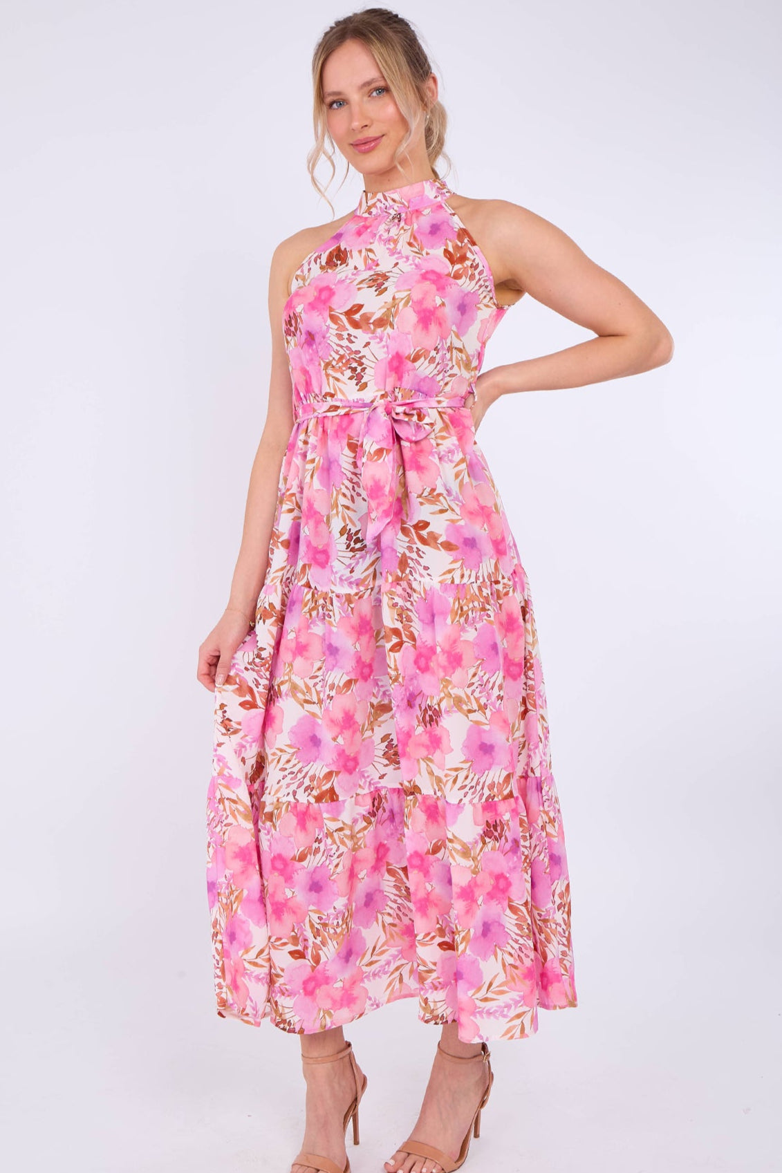 8Pcs Pink Floral Print Halter Neck Maxi Dress