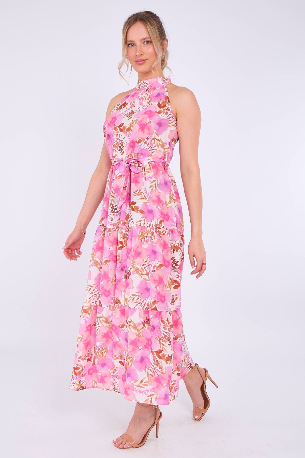 8Pcs Pink Floral Print Halter Neck Maxi Dress