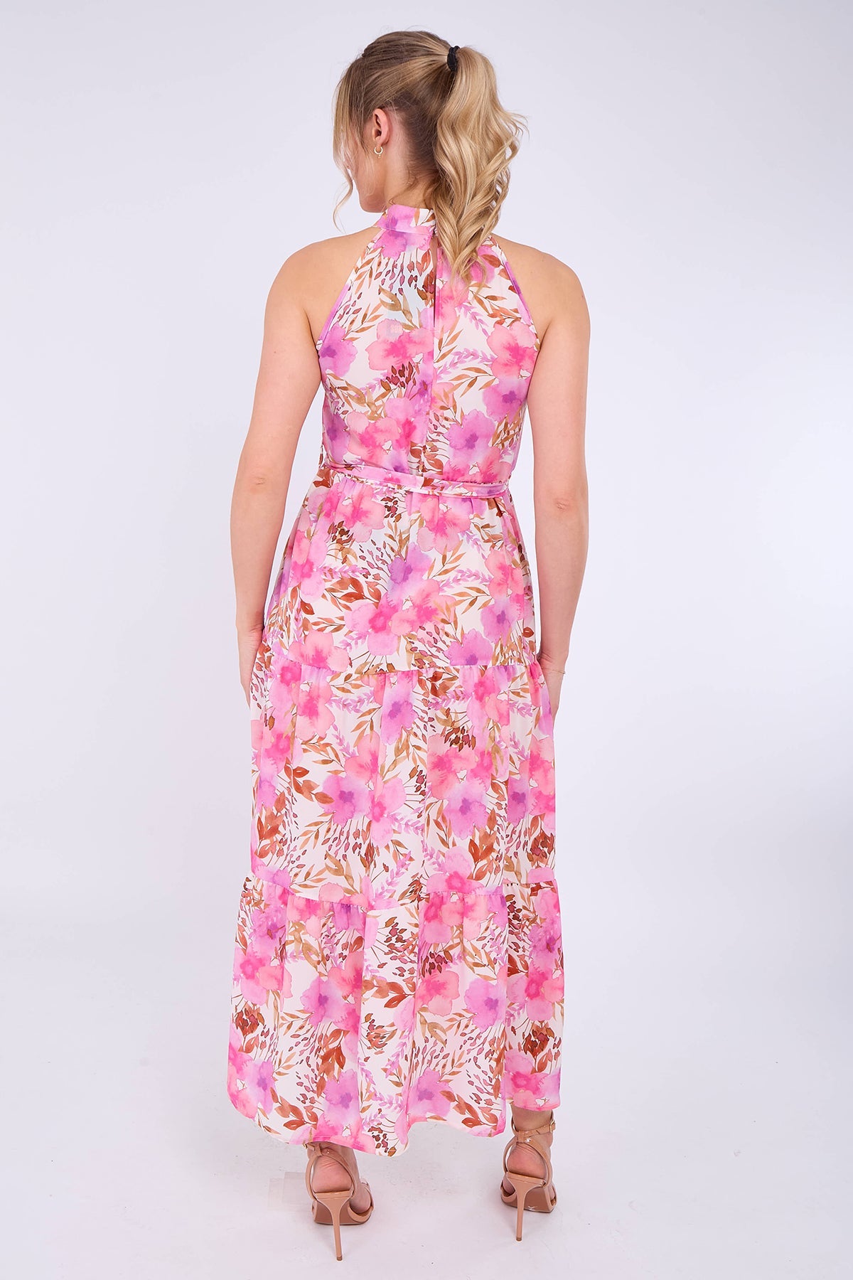 8Pcs Pink Floral Print Halter Neck Maxi Dress
